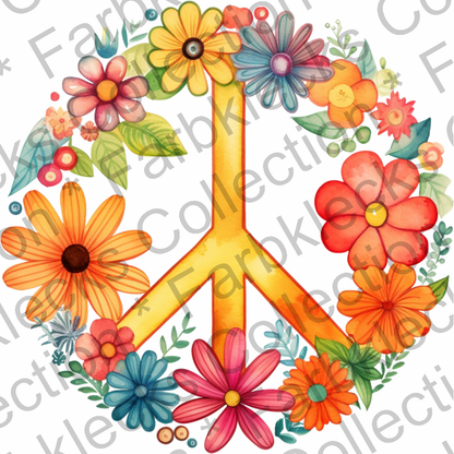 Motivtransfer 1231 Hippie Peace Symbol mit bunten Blüten