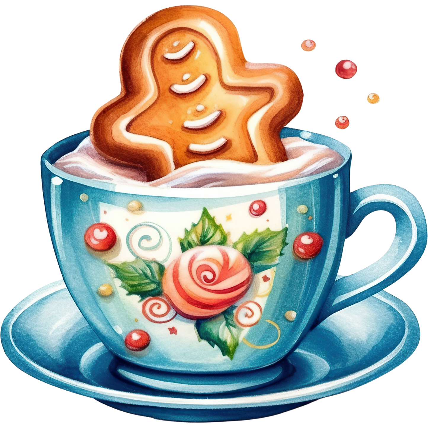 Motivtransfer 1524 Blaue Tasse mit Kakao und Lebkuchen