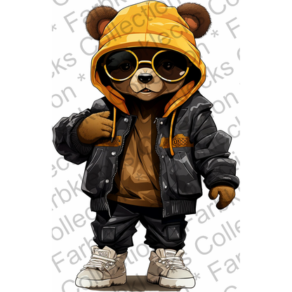 Motivtransfer 1961 Cooler Teddy mit gelbem Hoody und Lederjacke und Brille