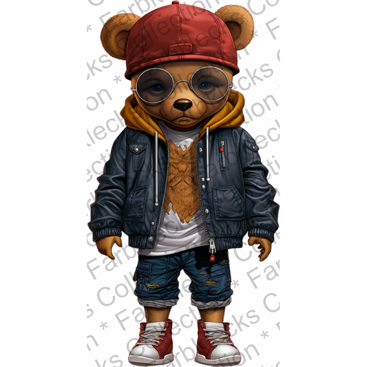 Motivtransfer 1967 Cooler Teddy mit Brille und blauer Jacke