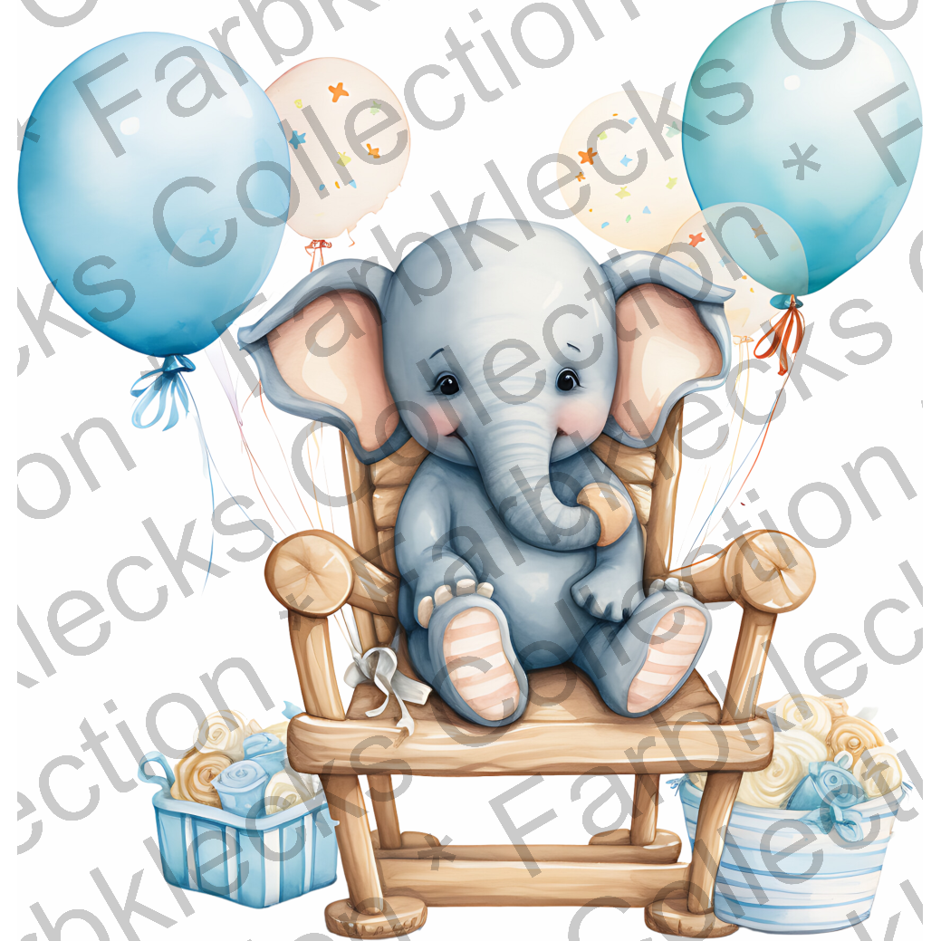 Motivtransfer 1970 Elefant auf Stuhl mit Ballons