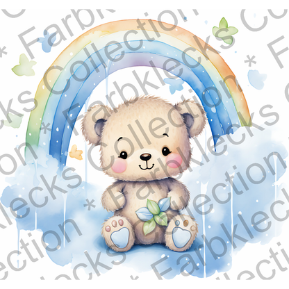 Motivtransfer 1978 Teddy auf Wolken mit Regenbogen