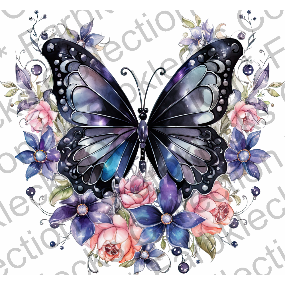 Motivtransfer 2073 Schmetterling schwarz mit bunten Blumen