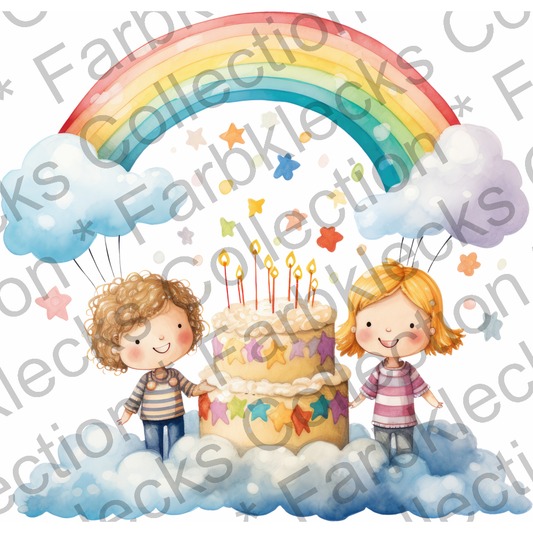 Motivtransfer 2095 Regenbogen mit Kindern und Torte