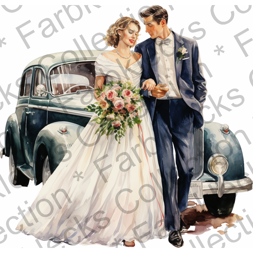 Motivtransfer 2387 Hochzeitspaar vor Oldtimer