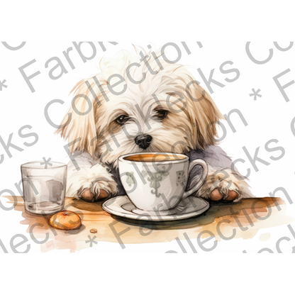 Motivtransfer 3099 Hund mit Kaffeetasse