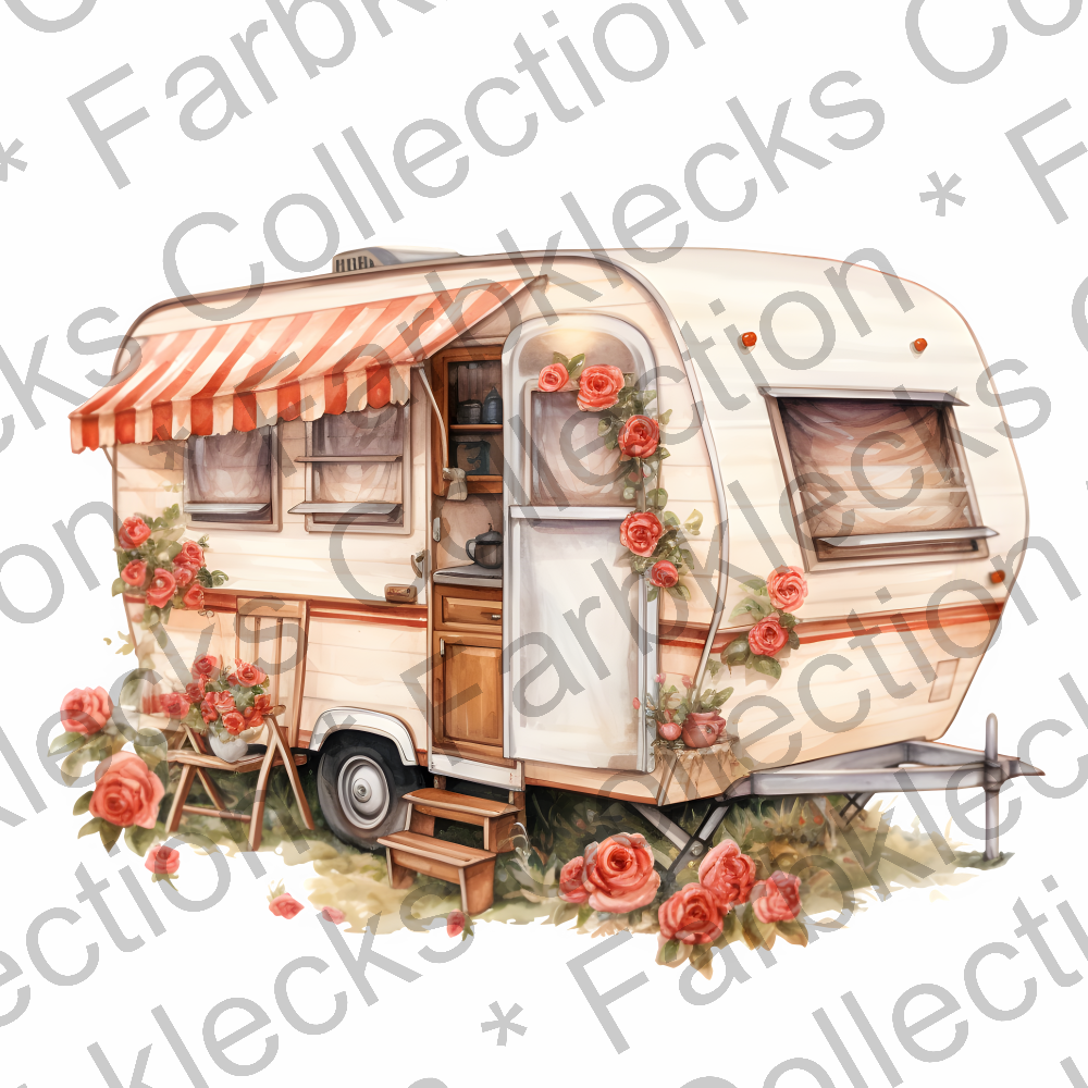 Motivtransfer 3167 Vintage Wohnwagen mit Rosen und kleiner Markise