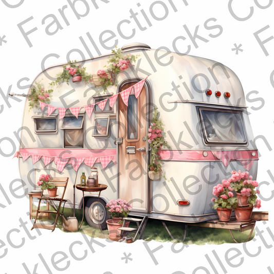 Motivtransfer 3168 Vintage Wohnwagen mit Blumen und Wimpelkette