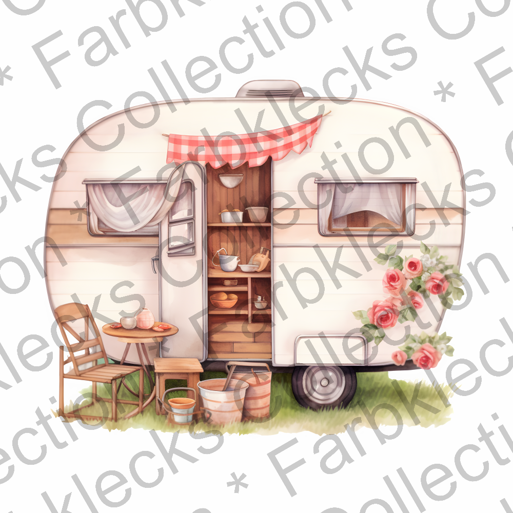 Motivtransfer 3169 Vintage Wohnwagen mit Blumen und Wimpelkette