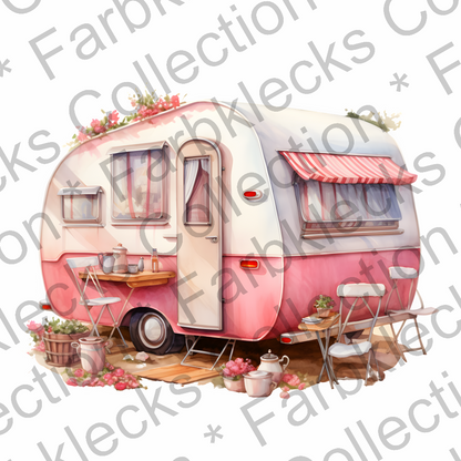 Motivtransfer 3170 Vintage Wohnwagen mit Blumen und Markise