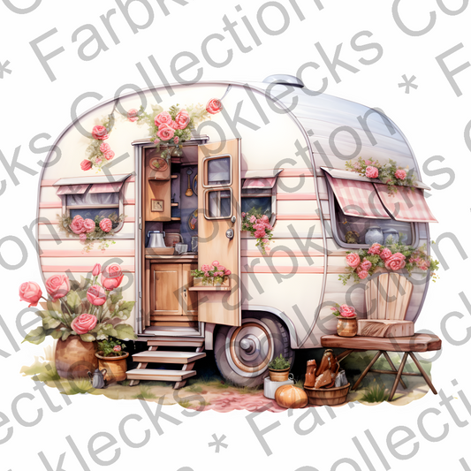 Motivtransfer 3183 Wohnwagen mit Blumen