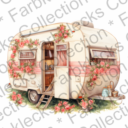 Motivtransfer 3185 Wohnwagen mit Blumen