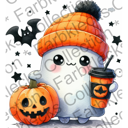 Motivtransfer 3285 Süsser Halloween Geist mit Kaffeebecher