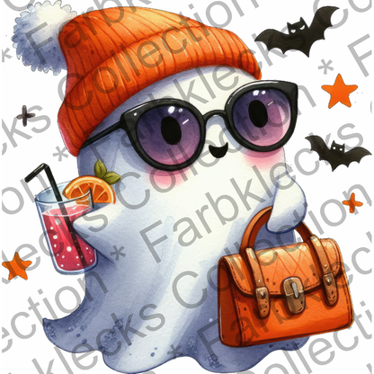 Motivtransfer 3293 Süsser Halloween Geist  mit Sonnenbrille und Handtasche