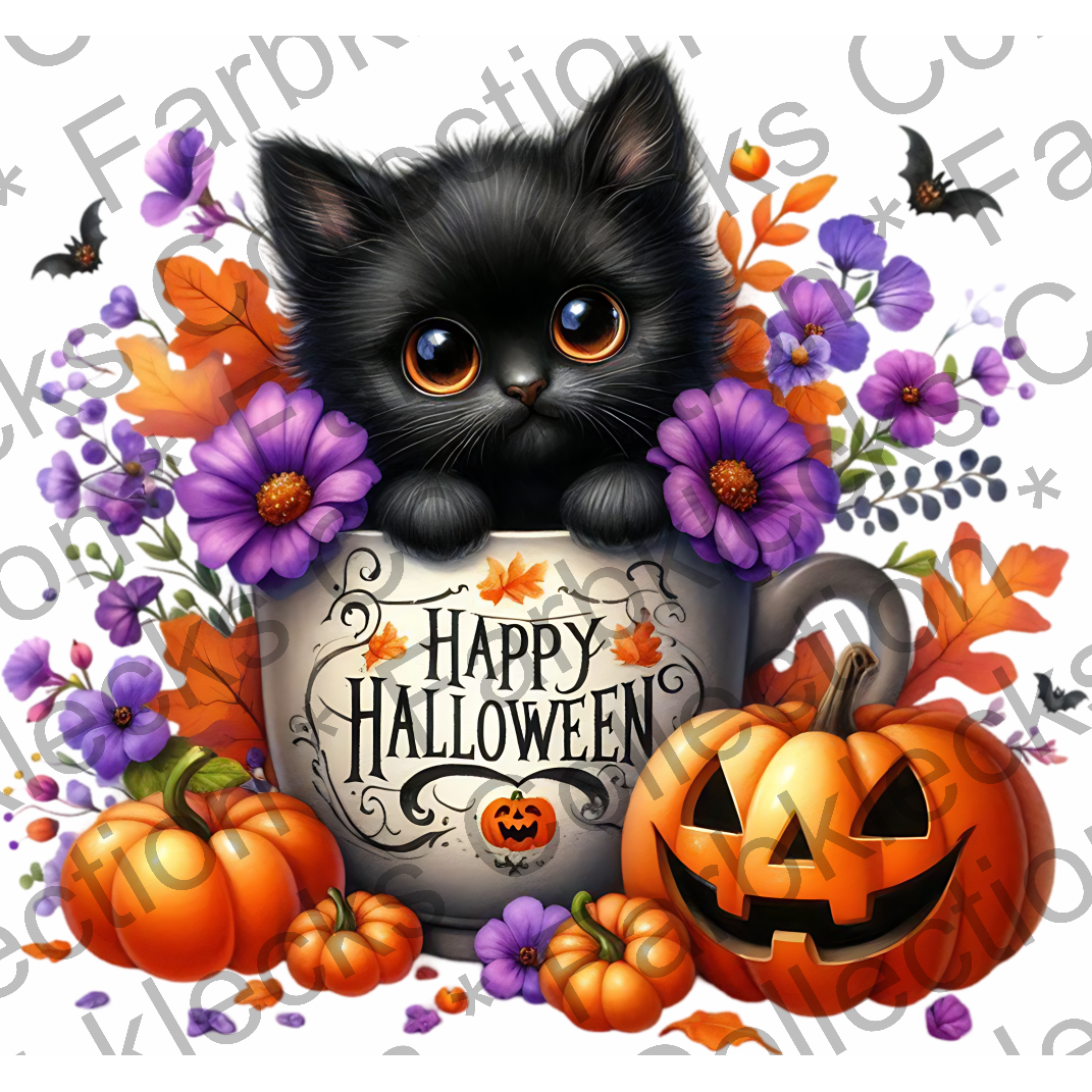 Motivtransfer 3514 Kätzchen Happy Halloween mit Blumen