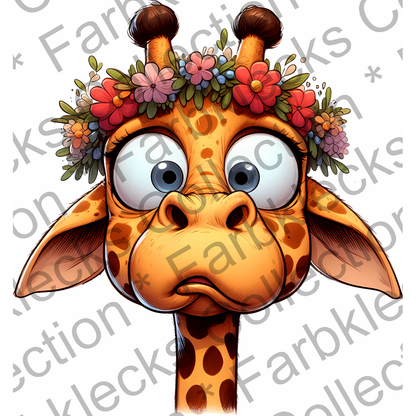 Motivtransfer 5485 Lustige Giraffe mit Blumenkranz