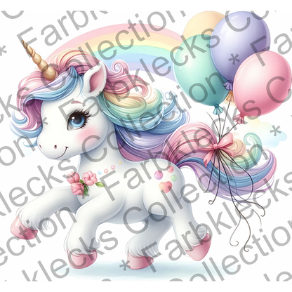 Motivtransfer 6295 Einhorn mit Ballons vor Regenbogen