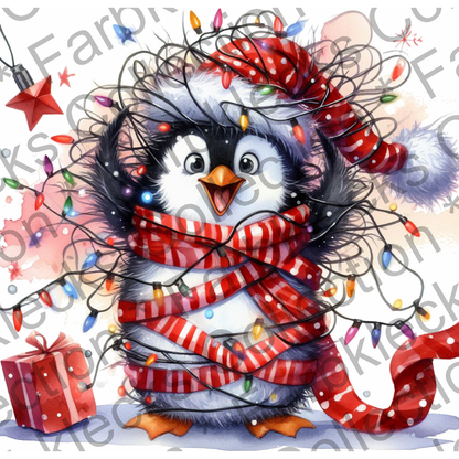 Motivtransfer 7241 Pinguin mit Lichterkette und Geschenk