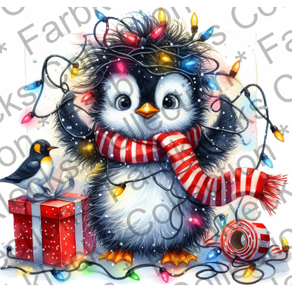 Motivtransfer 7248 Pinguin mit Geschenk und Lichterkette