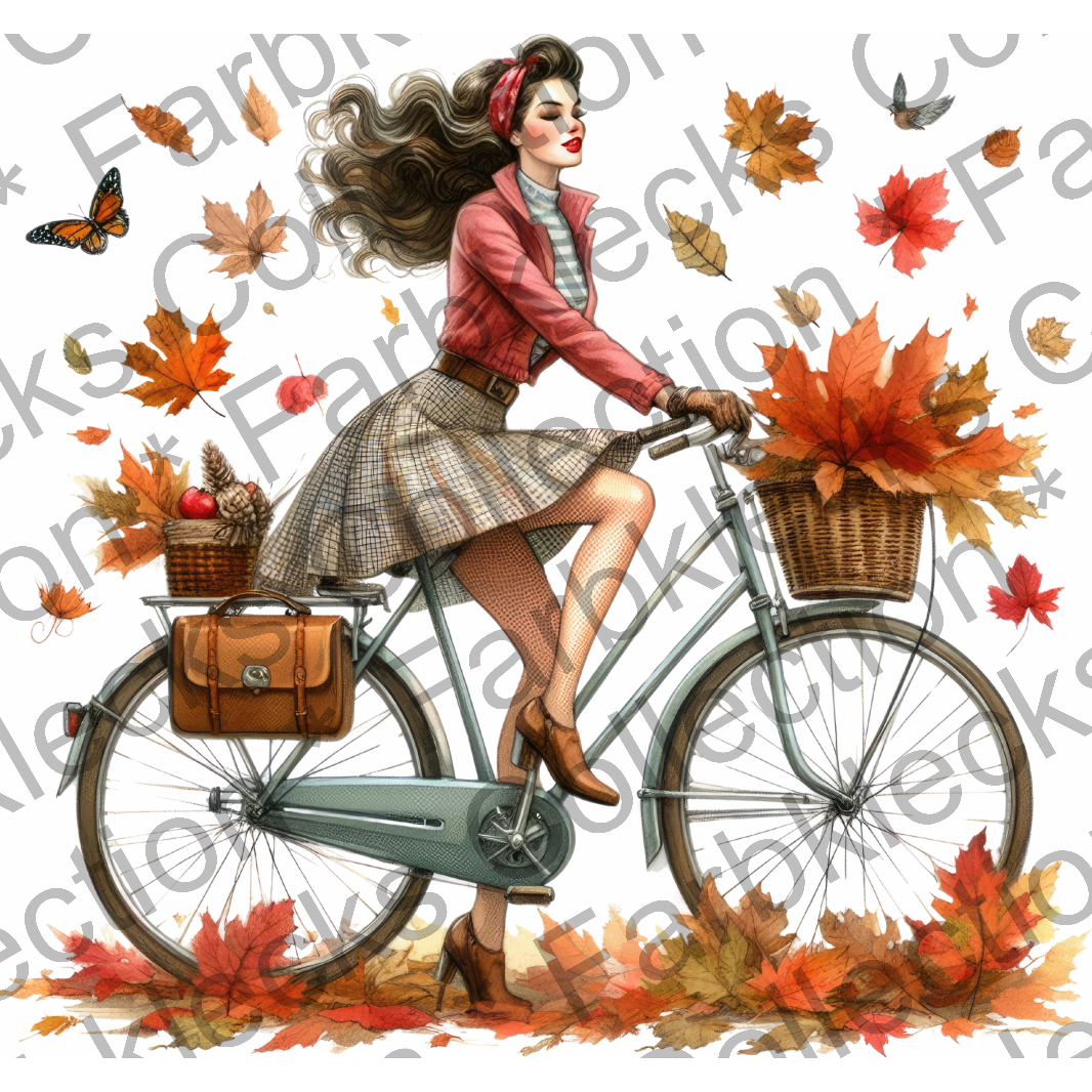 Motivtransfer 7385 Pinup mit Fahrrad im Herbst