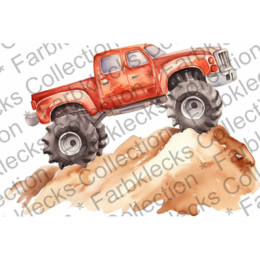 Motivtransfer 7610 Roter Monstertruck auf Fels Watercolor