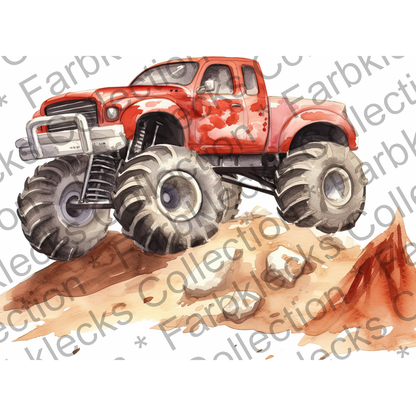 Motivtransfer 7611 Roter Monstertruck auf Fels Watercolor