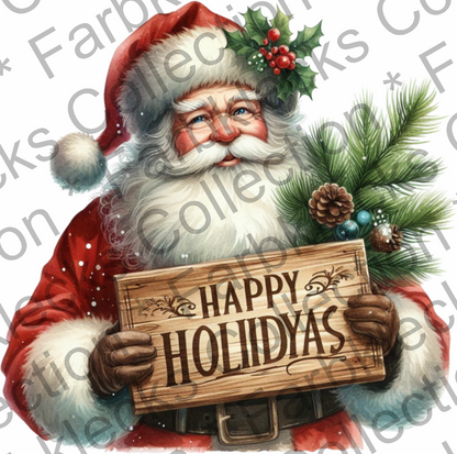 Motivtransfer 8332 Santa mit Schild Happy Holidays