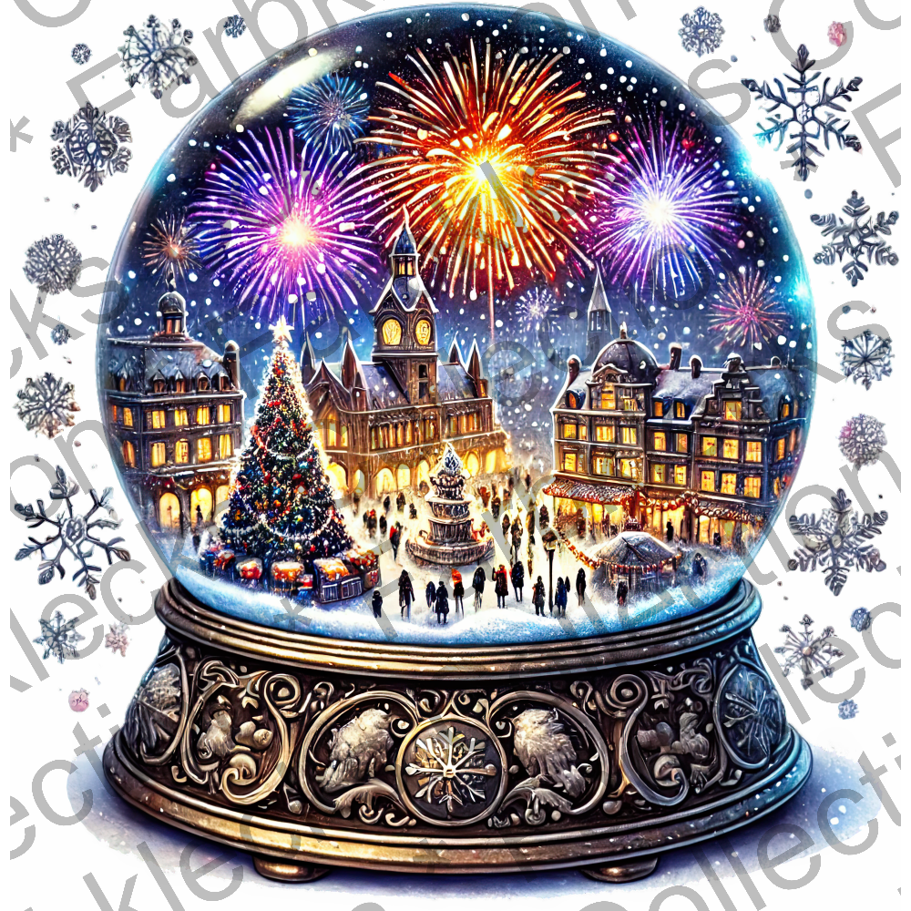 Motivtransfer 8386 Weihnachtliche Schneekugel mit Stadt und Feuerwerk