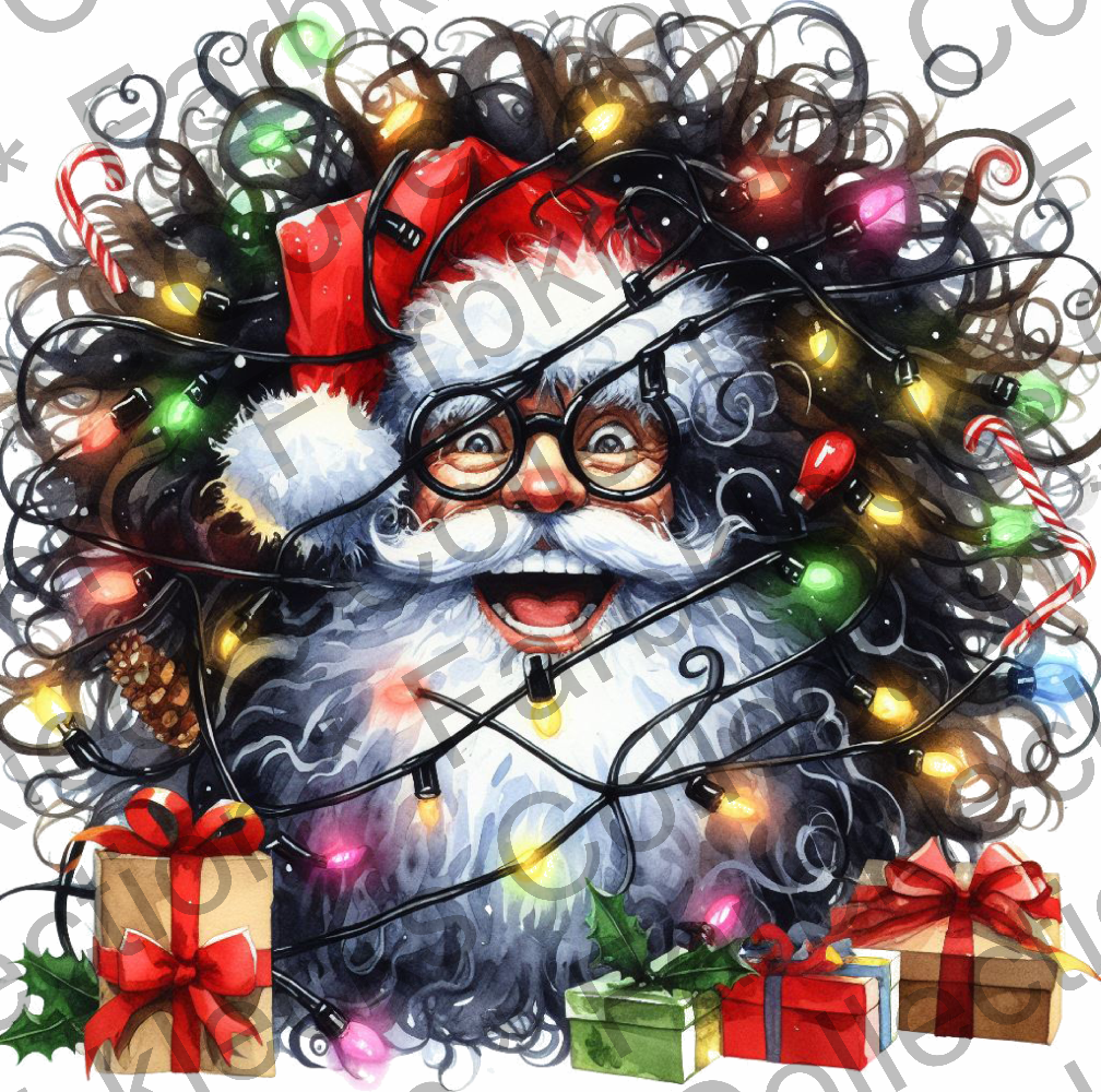 Motivtransfer 8677 Funny Santa mit Geschenken und krausem Haar