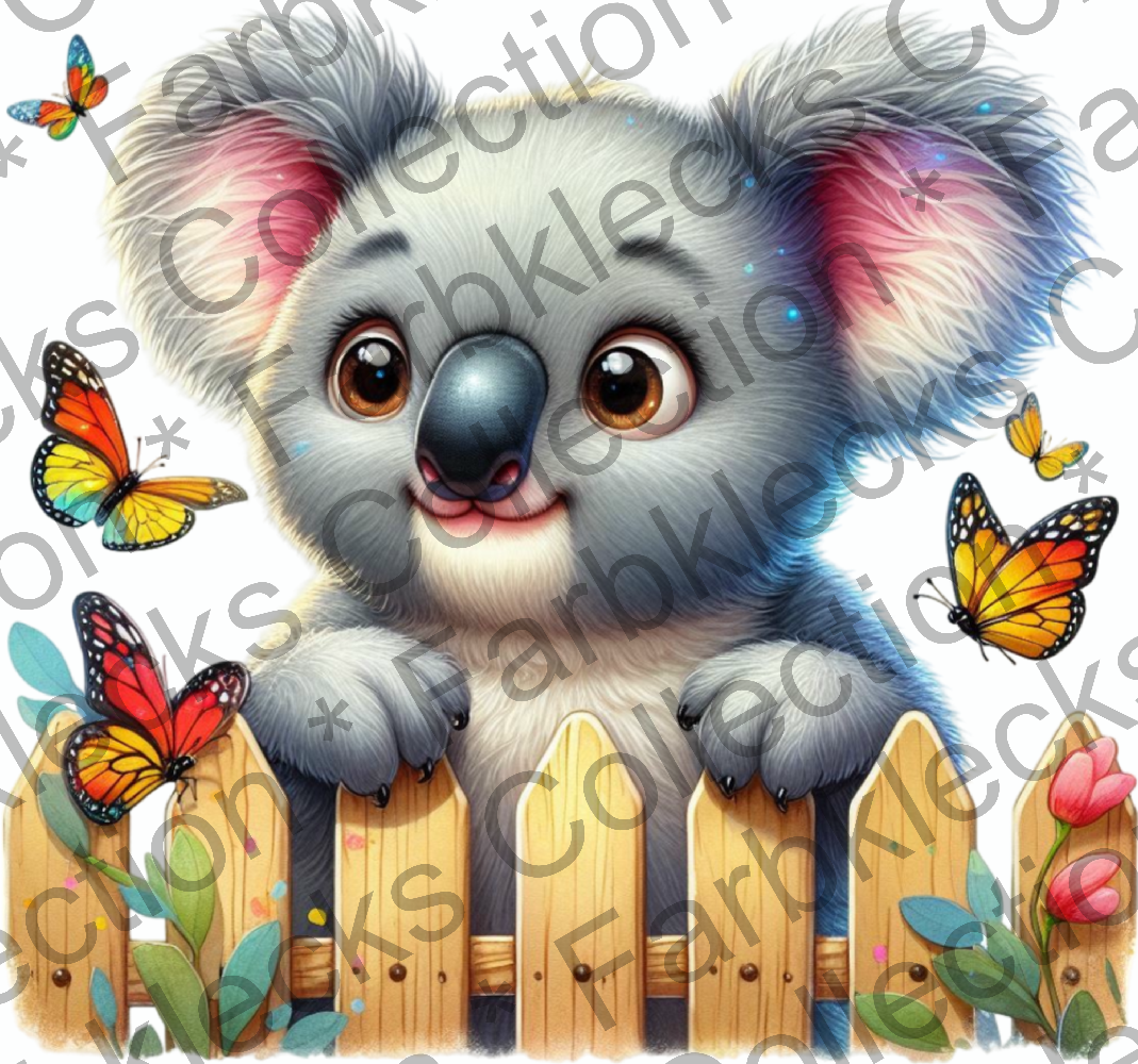 Motivtransfer 9788 Koala mit Schmetterlingen am Gartenzaun